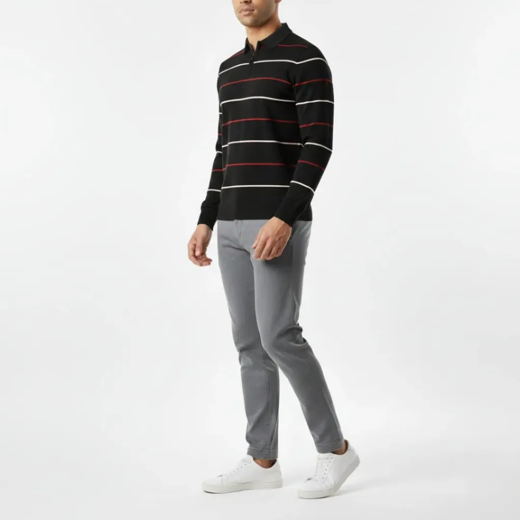 Striped 1/4 Zip Knit Polo T-Shirt (M, Black)